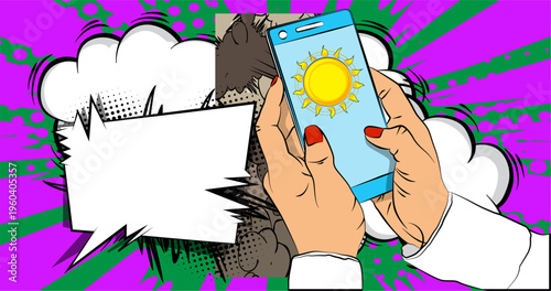 Cartoon Smartphone, comic book Telephone with Sun. Retro vector comics pop art design.
