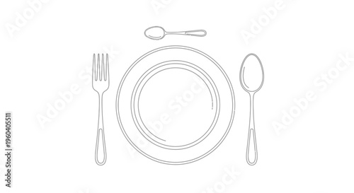 Minimalist Table Setting: Plate, Fork, and Spoons Line Art Illustration