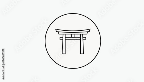 Minimalist Torii Gate Icon in Circle, Japanese Shrine Entrance Symbol, Outline Art