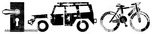Graphic of key, off road vehicle, and bicycle rendered in halftone, vector art, isolated symbols, urban mobility, transportation design.
