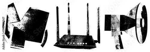 Wireless router, megaphone, and speaker rendered in halftone style, isolated vector graphics, digital broadcasting symbols, communication tools.