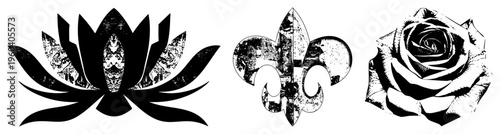 Black vector featuring ornate lotus, fleur de lis, and rose designs with detailed inner, graphic symbols for branding or tattoo art.