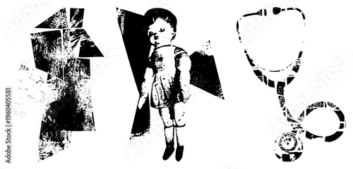 Retro style doll in dress, stethoscope, fragmented geometric forms, vector art, distressed texture, medical and childhood theme.