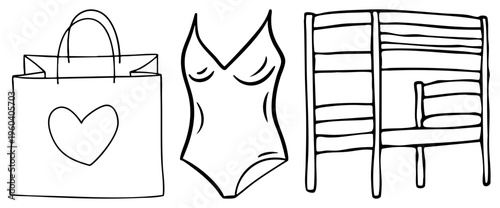 Simple art of shopping bag with heart, swimsuit, and ladder back chair minimalist vector for design projects.