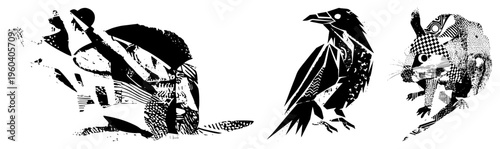 Abstract animal cutouts featuring intricate geometric, stylized raven, rabbit, and bird with halftone textures, vector art, isolated design elements.