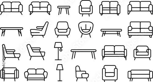furniture line icon set featuring various modern sofa chair table and floor lamp vector