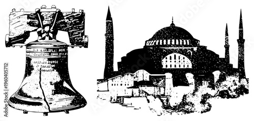 Liberty Bell with inscriptions and Hagia Sophia dome with minarets, engraved vector illustration, historical landmarks, black and white sketch style.
