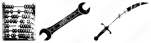Retro calculation tool, mechanic wrench, ornate dagger all in distressed vector style, ideal for industrial or vintage design projects.