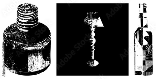 Graphic vector bottles with textured halftone fills, isolated white foreground, stylized glassware, artistic print design, illustration.