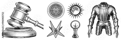 Classic courtroom gavel, emblem, radiant sun, incandescent bulb, knight’s plate armor all rendered in detailed halftone engraving style.