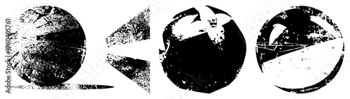 Stylized circular and angular forms with gritty halftone textures, graphic design, abstract composition, vector art, isolated elements.