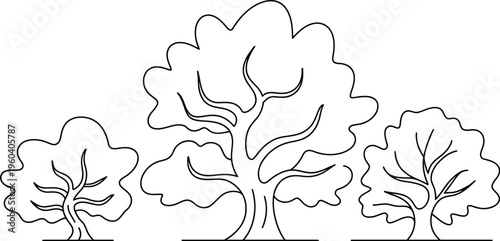 Adobe Illustrator Artline art tree vector illustration featuring three stylized deciduous trees with simple outlines and organic branches.work