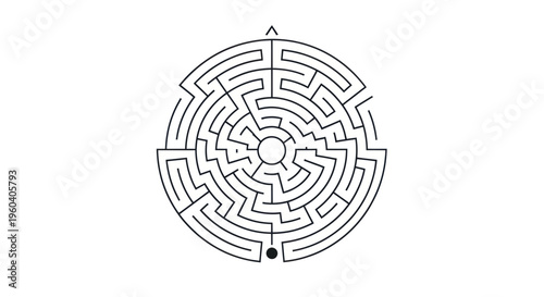 Circular maze with a single entry point and a black dot at the center