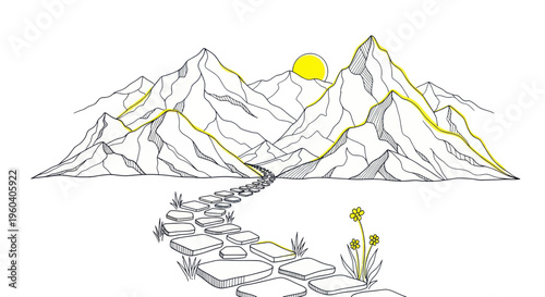 Winding stone path leading to sunlit mountains, hand-drawn illustration