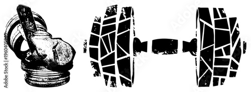 Black and white halftone gas mask and dumbbell vector graphics, isolated assets, stencil style, fitness and safety symbols, retro propaganda art.