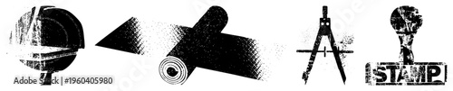 Set of retro styled tools including drafting compass, ink stamp, paper roll, and abstract shapes, halftone texture, design.