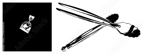 Gift wrapped in paper with ribbon bow, scissors for cutting, holiday present, festive packaging, holiday gift, celebratory parcel.