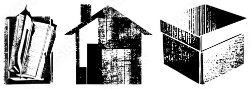Graphic symbols of open book, house, and cube rendered in halftone texture, vector art, minimalist set, black and white, conceptual illustration.