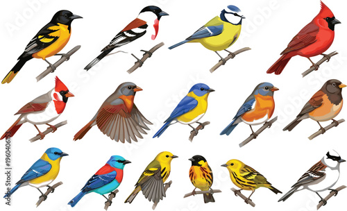 Colorful songbirds vector illustration set with various species perched on branches in detailed realistic style for nature and wildlife design