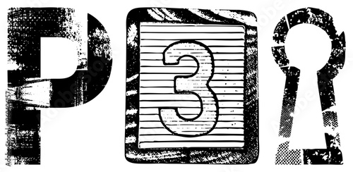 Bold typographic logo with "P3" and keyhole, distressed ink texture, graphic, vintage design, vector illustration.