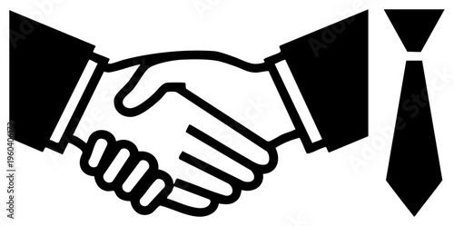 Two hands clasped in formal agreement, business deal, corporate collaboration graphic, professional gesture, partnership symbol, deal signing motif.