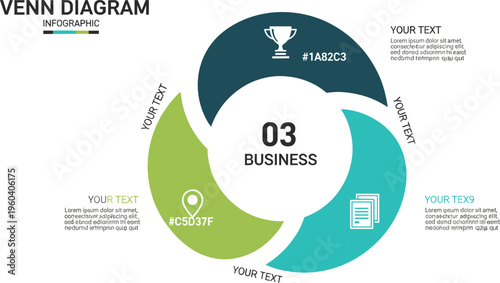 Circular Venn diagram infographic vector template for business process cycle comparison data visualization and presentation design elements