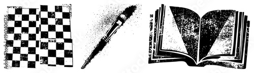 Retro grunge checkerboard, artist paintbrush with splatter, open book with worn pages, vector, artistic tools, creative symbols.