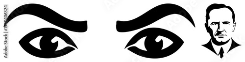 Graphic eye symbols with curved brows, minimalist facial silhouette, vector art, design, bold, symbols, graphic illustration.