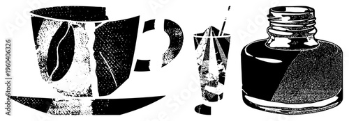 Classic halftone coffee mug with bean motif, tall iced beverage with straw, glass ink bottle stylized vector art,, retro graphic design.