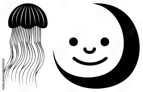 Cartoon moon with cheerful face beside stylized jellyfish, black art, whimsical marine theme, isolated graphic elements.