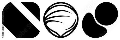 Modern vector logo set featuring stylized shapes, curved spheres, angular forms, minimalist design, graphic elements for branding.