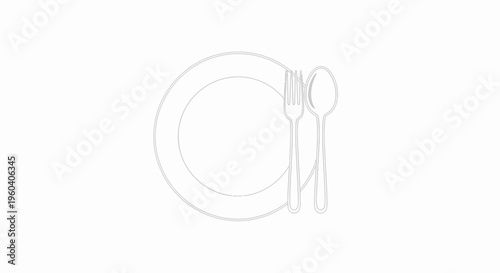 Minimalist plate with fork and spoon outline on white background, simple dining icon
