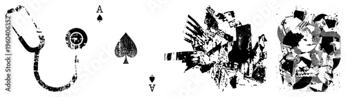 Medical stethoscope and Ace of Spades cards rendered in gritty halftone style, abstract fragmented, graphic design elements, vector illustration.
