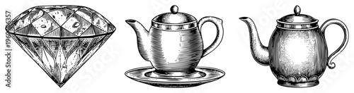 Ornate engraved diamond gemstone, classic teapot with lid and handle, vintage tea set, antique illustration, engraved vector art, halftone texture.