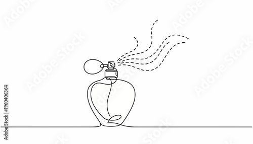Minimalist perfume bottle with spray and scent trails, single line art
