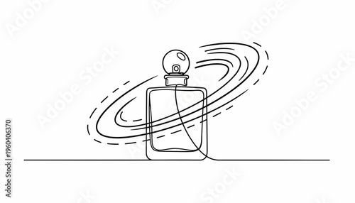 Minimalist perfume bottle with swirling scent lines, elegant design, black and white