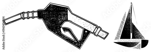 Retro fuel nozzle illustration with textured halftone shading, paired with minimalist sailboat, vector graphic, isolated elements, classic travel, design.