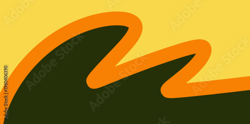 Clean vector background illustration with a thick orange curved line and a large dark green wave shape against a yellow sky. Usage: Corporate presentation slide background cover.