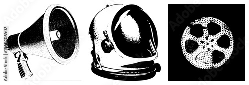 Retro style megaphone, astronaut helmet, and film reel rendered in halftone dots, vector graphics, isolated, classic communication tools, cinema equipment, space exploration gear.