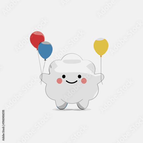 Smiling cartoon cloud holding balloons.