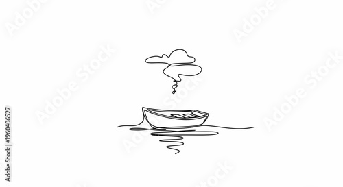 Minimalist single line drawing of a boat on water with clouds above, symbolizing dreams and imagination.