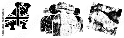 bulldog mascot with UK flag design, pet symbol, national emblem, stylized graphic, flat vector art, isolated cutout.