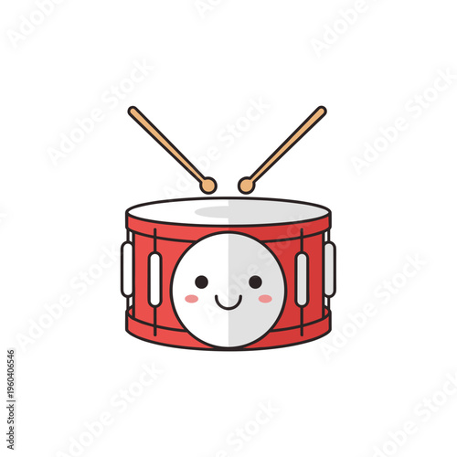 Smiling cartoon drum with drumsticks.