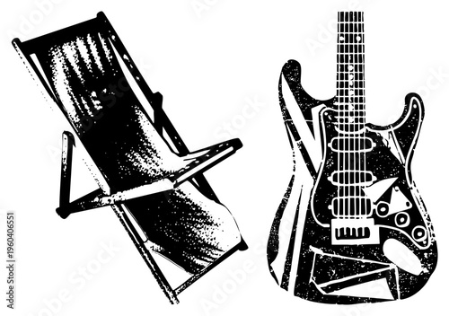 Graphic illustration of beach chair and electric guitar, stylized with halftone texture, isolated vector art, black and white, music and leisure.
