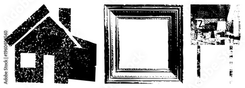 Graphic featuring a textured house, ornate frame, and fragmented sign vector art with halftone grain, isolated elements for design use.