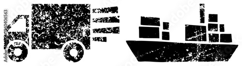 Vector of delivery truck and cargo ship with distressed texture, logistics symbols, freight transport, shipping vessels, industrial delivery, stylized transport graphics.