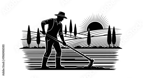 Farmer working in field at sunrise with hoe rural landscape background