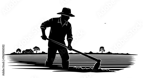 Man in hat plowing field with shovel farming landscape background