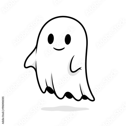 Smiling cartoon ghost character illustration.