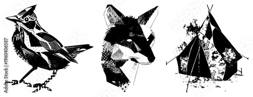 Vector illustrations of a bird, fox head, and teepee with halftone dot textures, black and white, graphic design, nature motifs, isolated foreground.